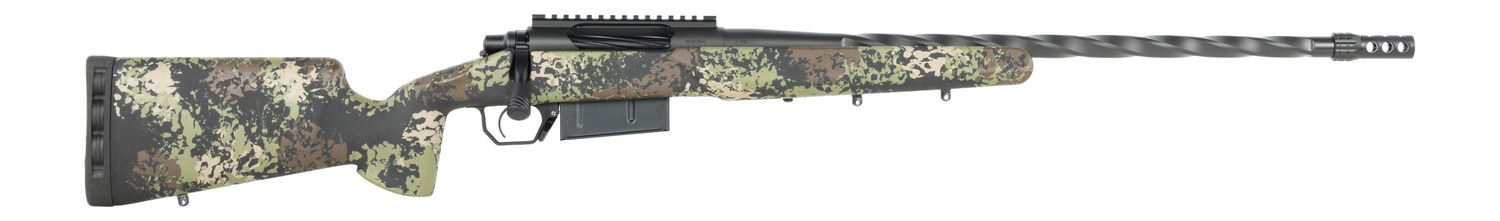 Camouflage bolt-action rifle with long barrel