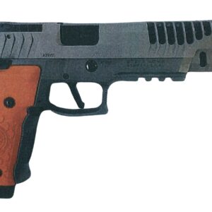 Semi-automatic pistol with wooden grip on white background