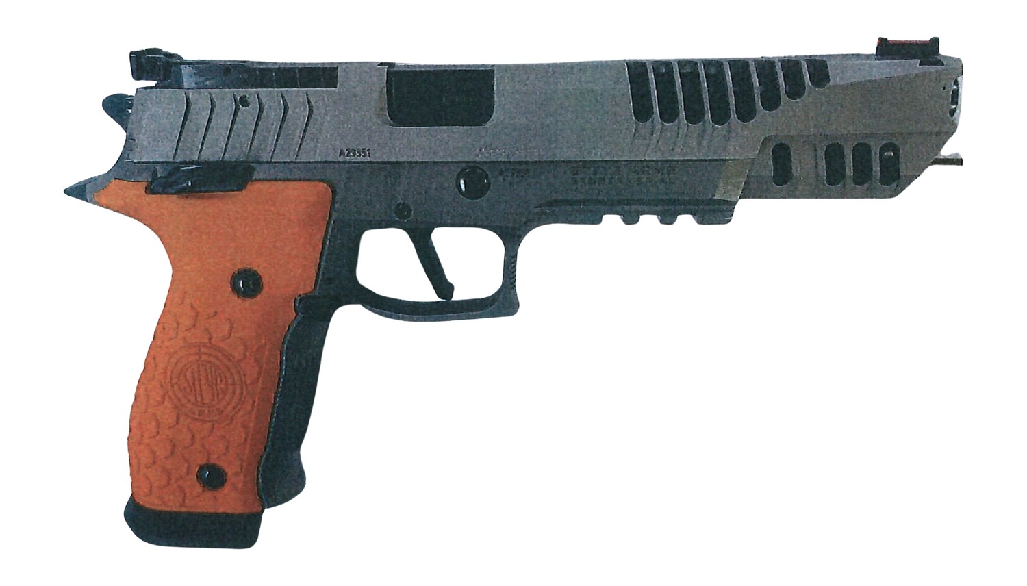 Semi-automatic pistol with wooden grip on white background