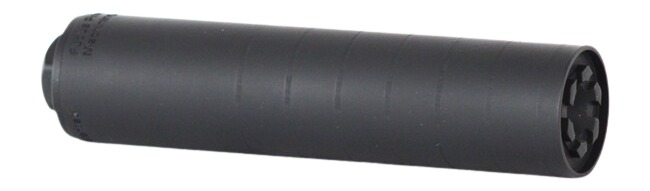 Black cylindrical firearm suppressor on white background