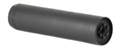 Black cylindrical firearm suppressor on white background