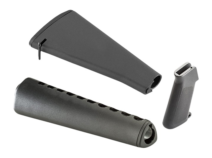 Black rifle stock, handguard, and pistol grip
