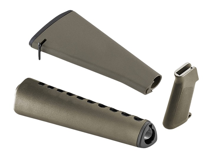 Olive drab rifle stock, handguard, and grip