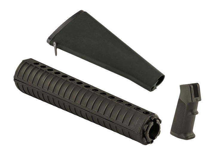 Black rifle stock, handguard, and pistol grip