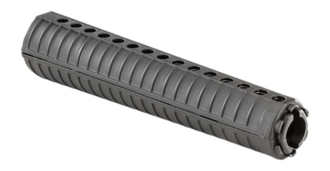 Black polymer rifle handguard with ventilation holes