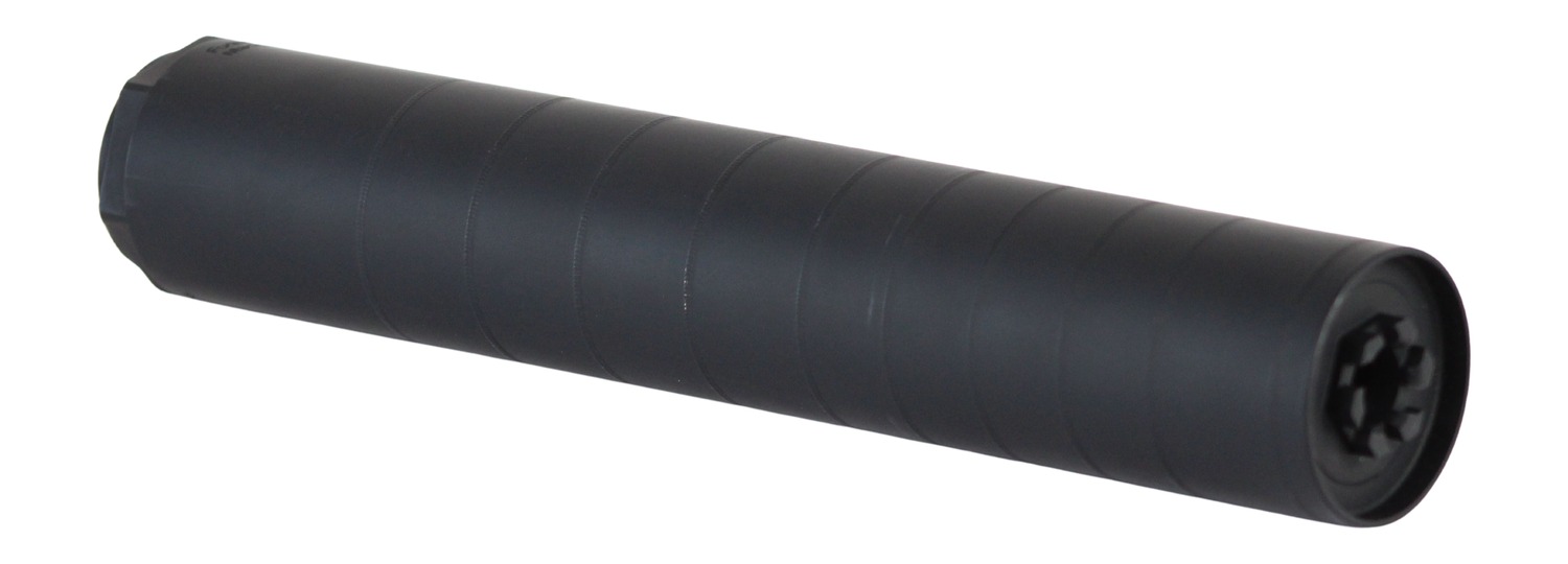 Black cylindrical firearm suppressor on white background
