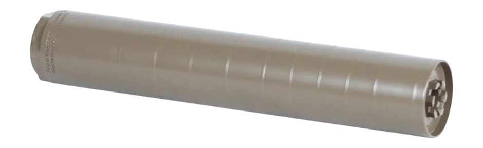 Tan cylindrical firearm suppressor on white background