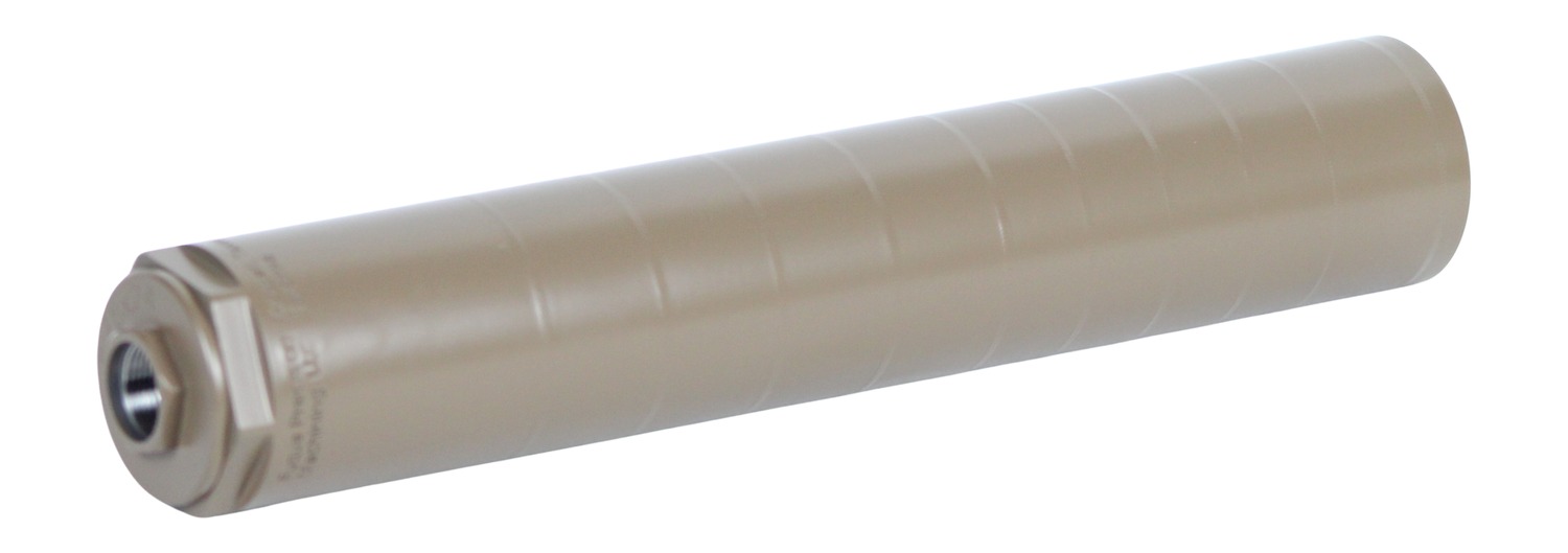 Cylindrical metal firearm suppressor on white background