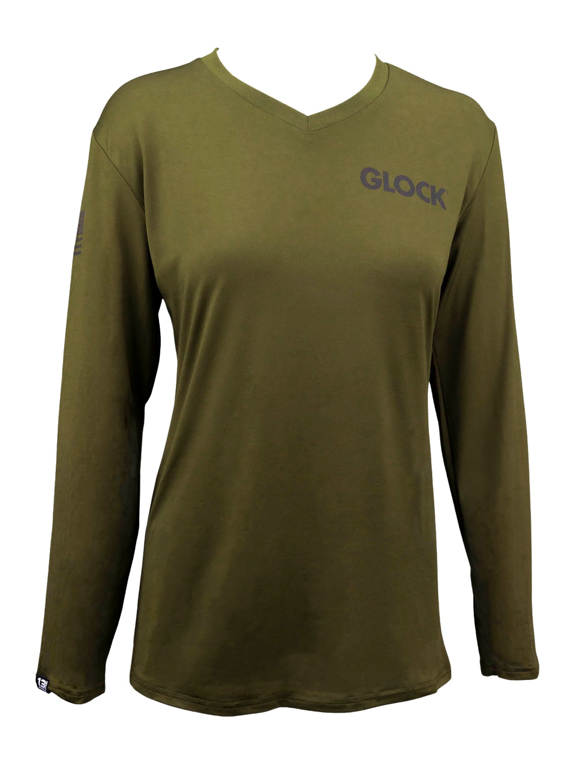 Olive green long-sleeve Glock V-neck shirt