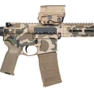 Camouflaged AR-style rifle with optic sight