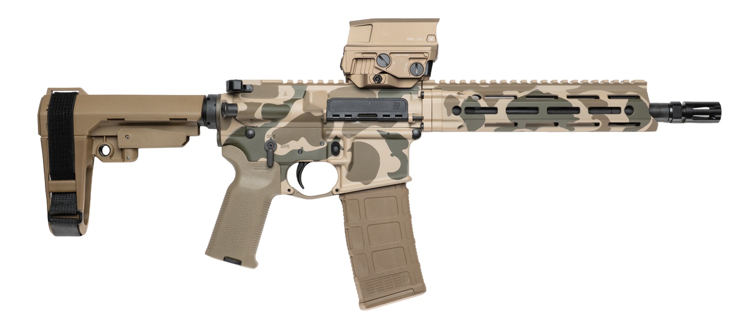 Camouflaged AR-style rifle with optic sight