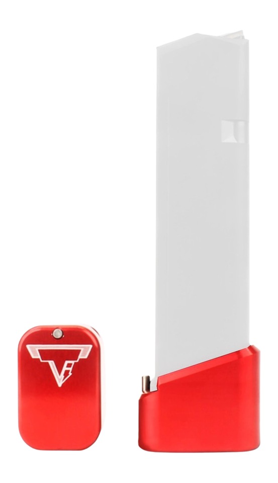 Red and gray pistol magazine with base pad