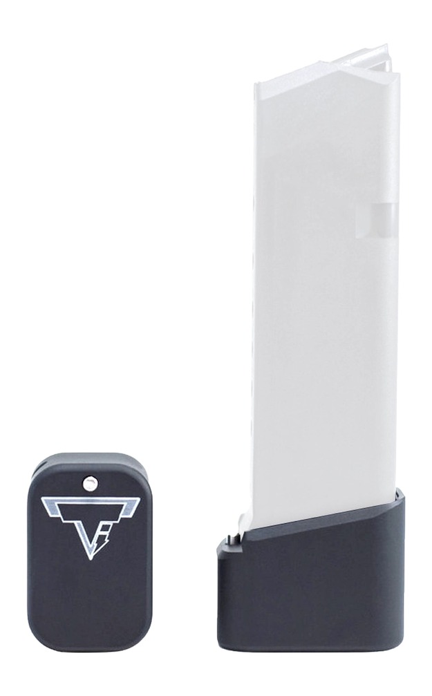 Extended pistol magazine with base plate and logo