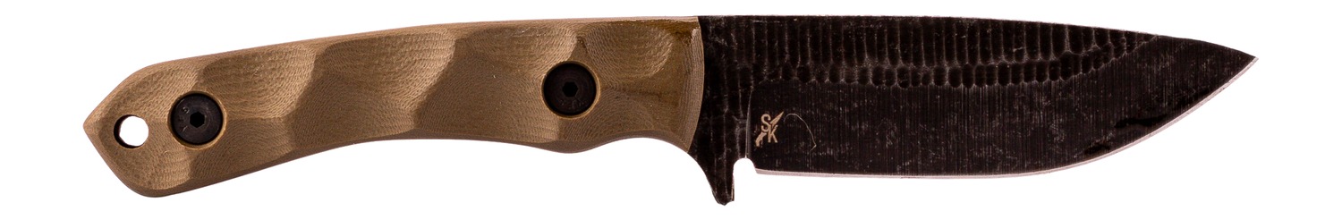 Fixed-blade knife with textured brown handle