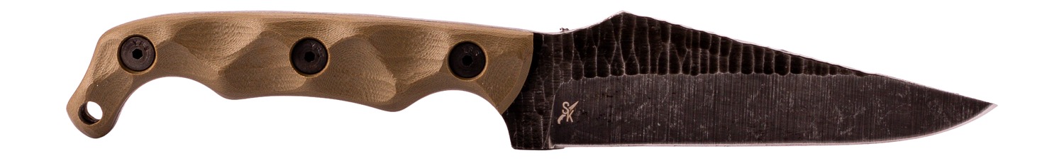 Fixed-blade knife with textured handle and dark blade