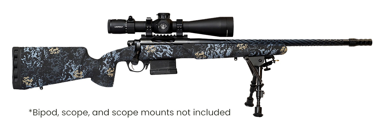 Camouflage bolt-action rifle with scope and bipod