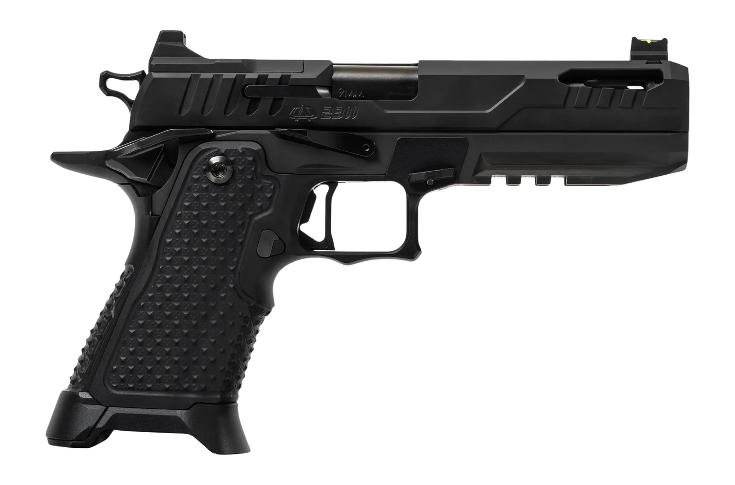 Black semi-automatic pistol on white background