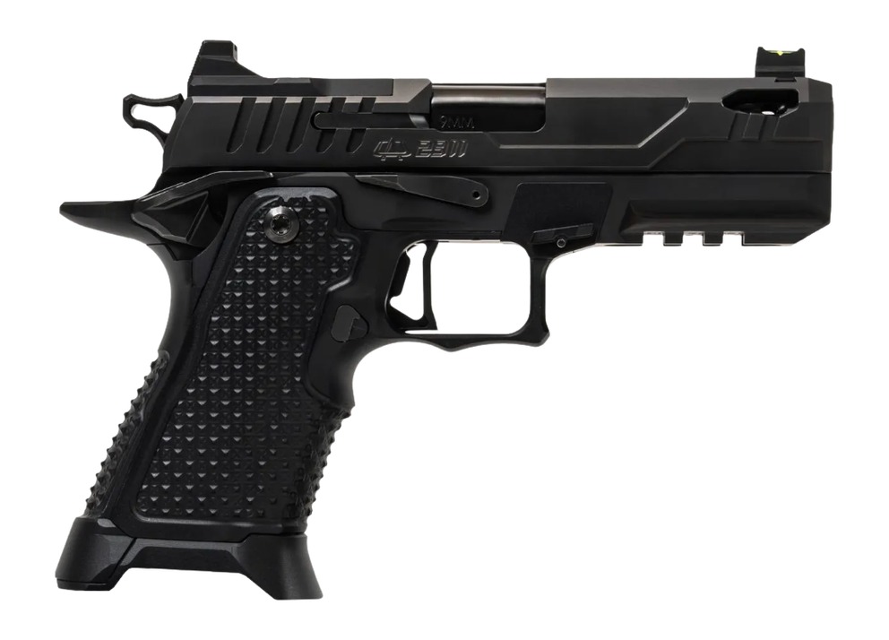 Black semi-automatic pistol with textured grip