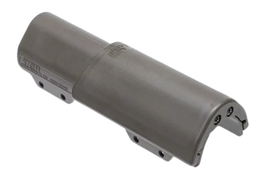 Gray cylindrical metal industrial component with mounting brackets