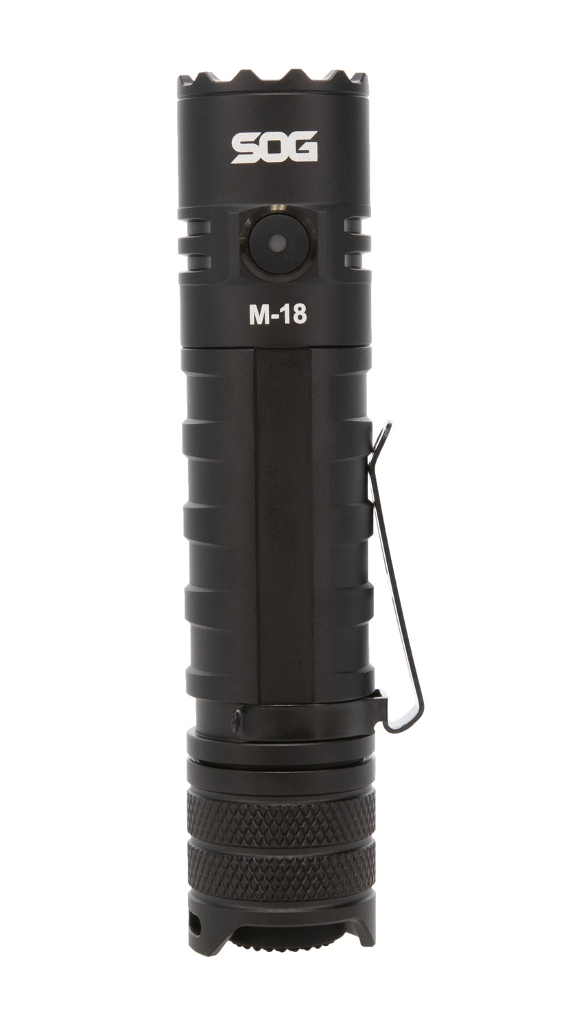 Black SOG M-18 tactical flashlight with clip
