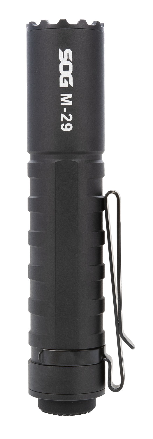 Black SOG M-29 tactical flashlight with pocket clip