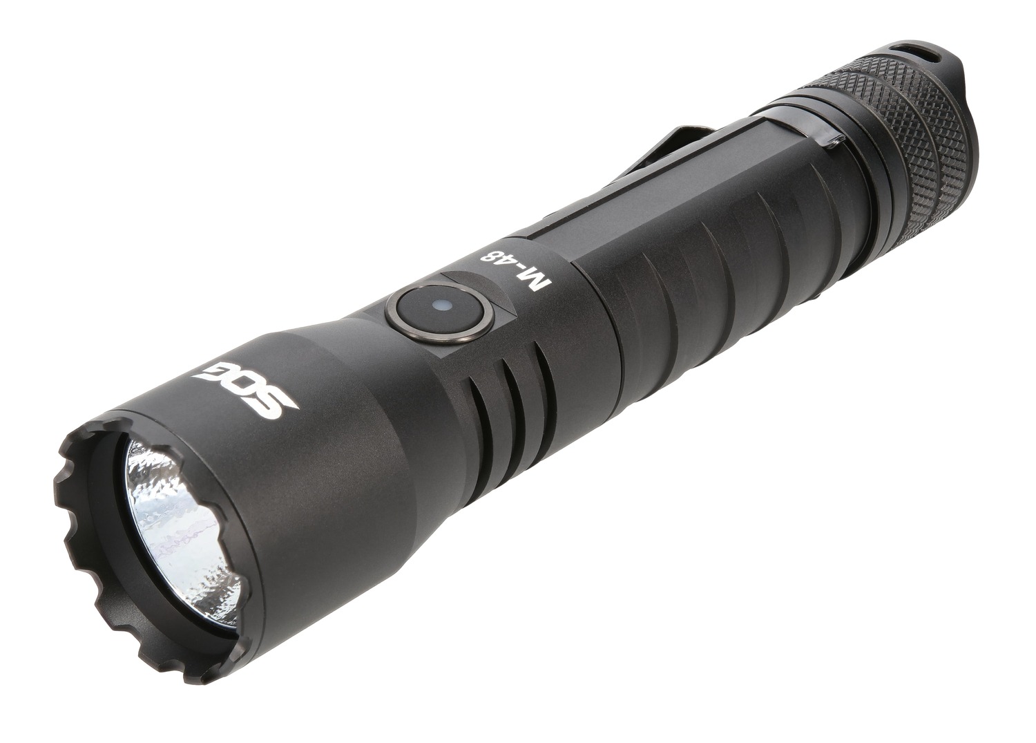 Black tactical flashlight on white background