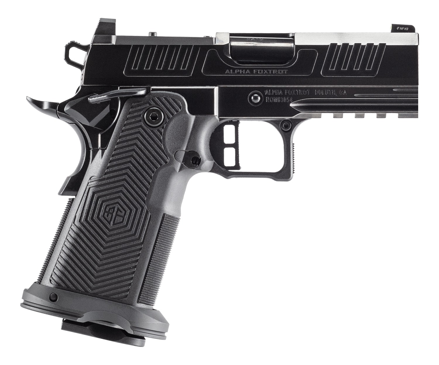 Black semi-automatic pistol on white background