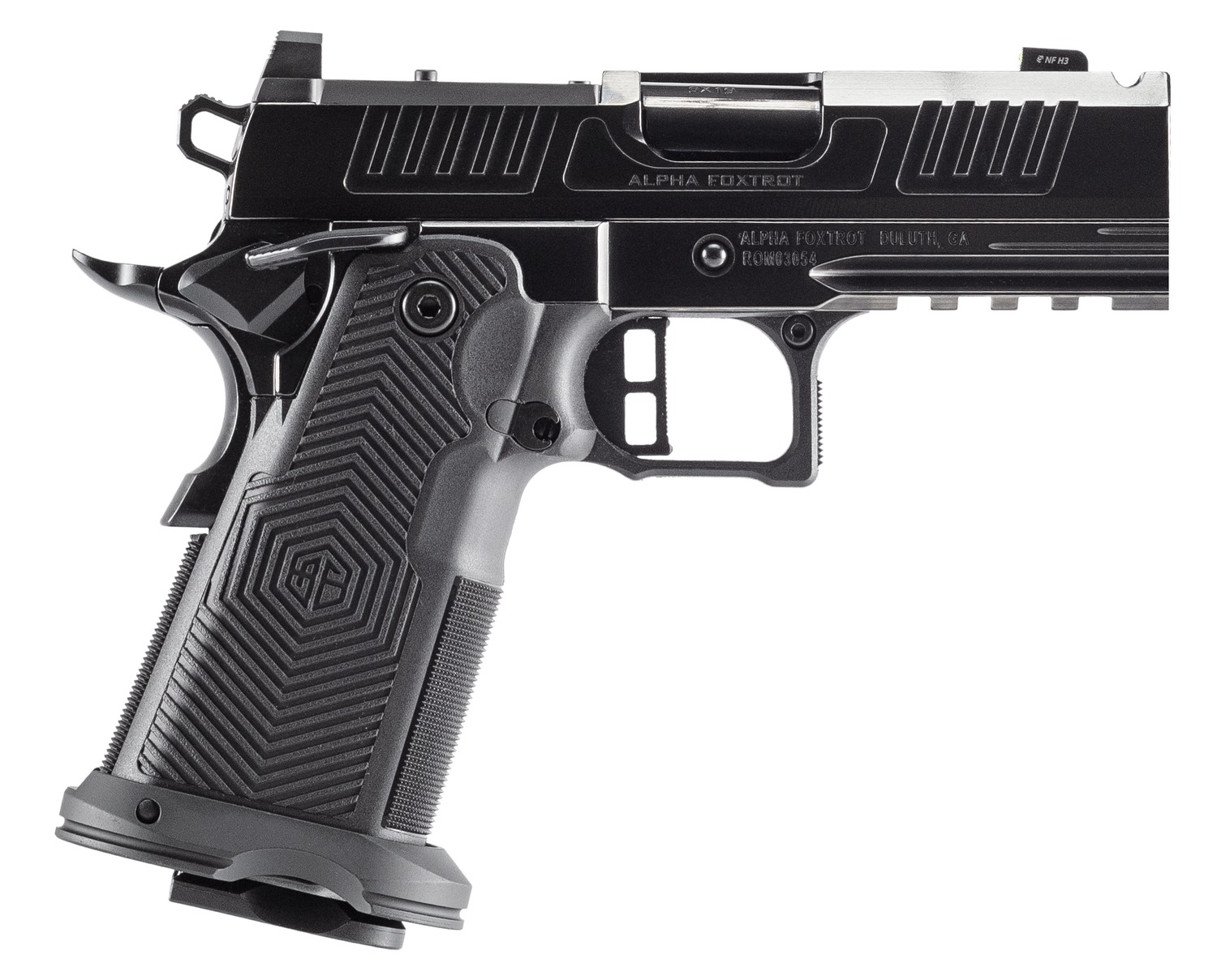 Black Alpha Foxtrot semi-automatic pistol side view