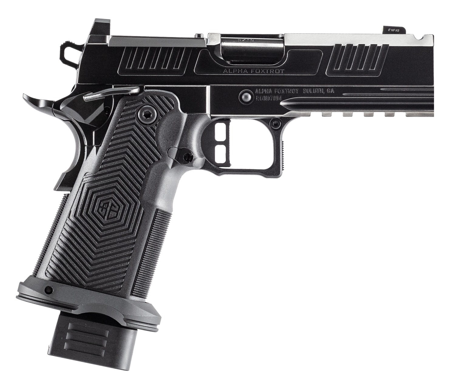 Black Alpha Foxtrot semi-automatic pistol close-up