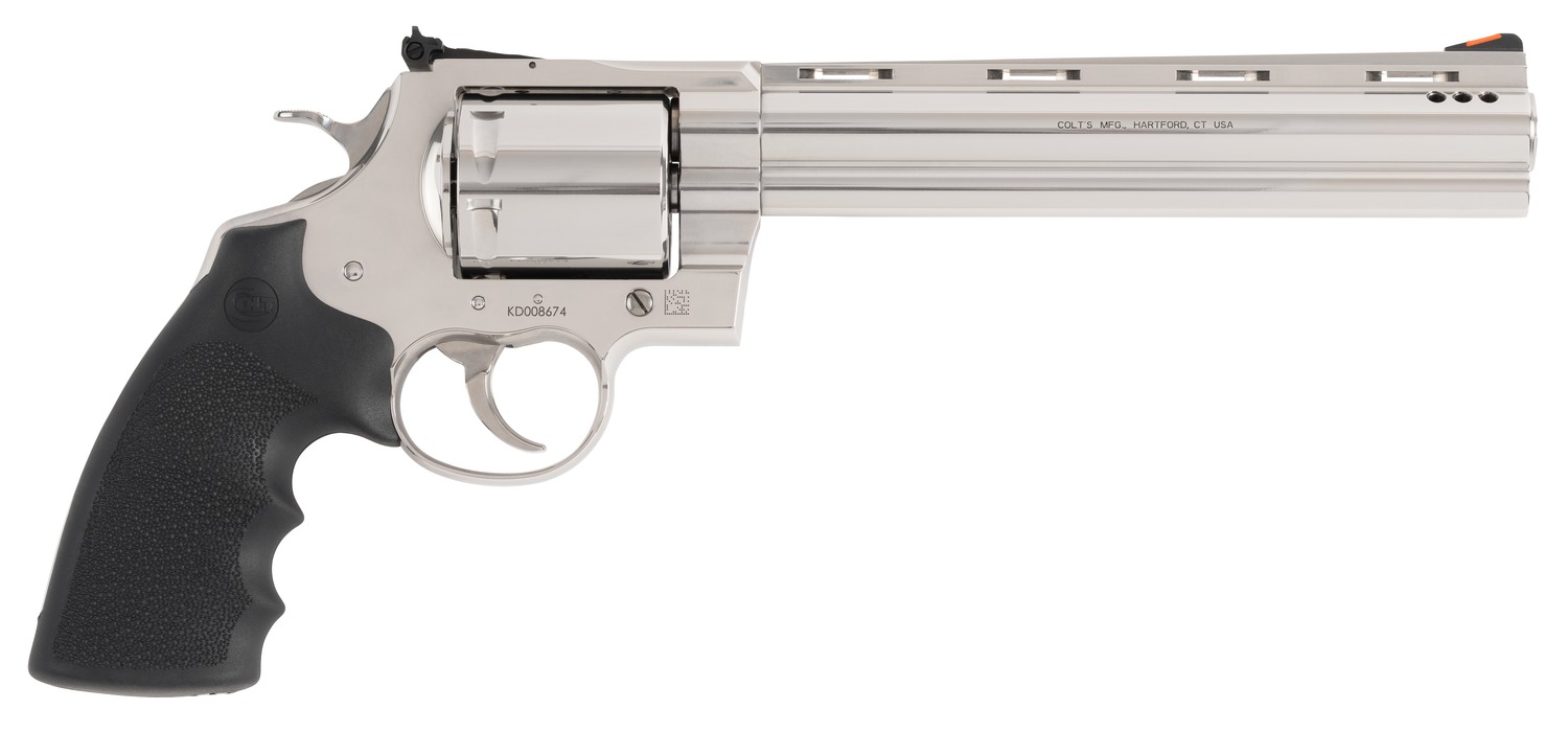 Stainless steel revolver with long barrel and black grip
