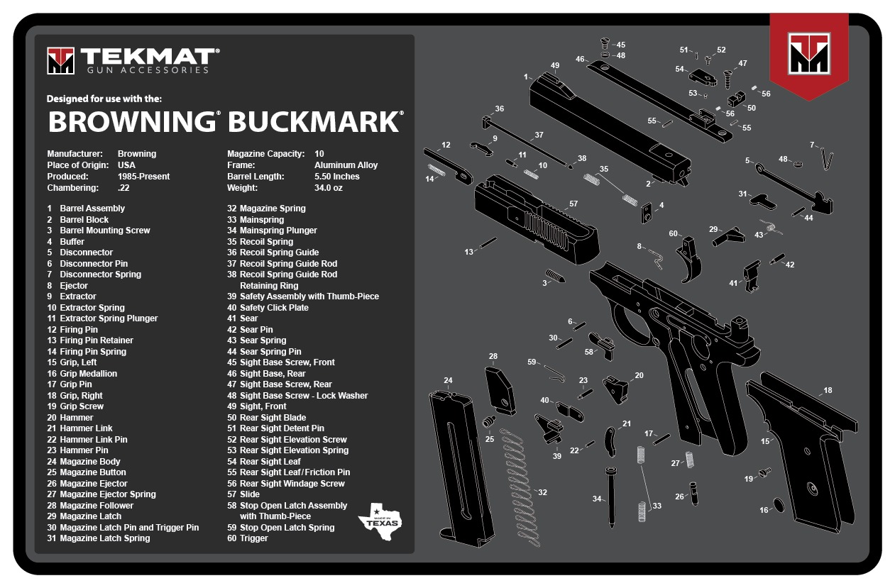 Exploded diagram of Browning Buck Mark pistol parts