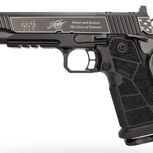 Black Kimber 1911 pistol with engraved slide