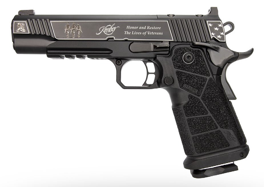 Black Kimber 1911 pistol with engraved slide