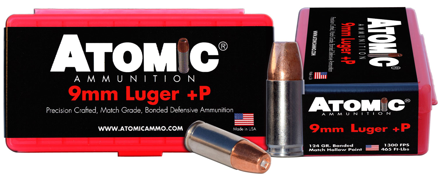 Atomic 9mm Luger +P ammunition boxes and cartridges