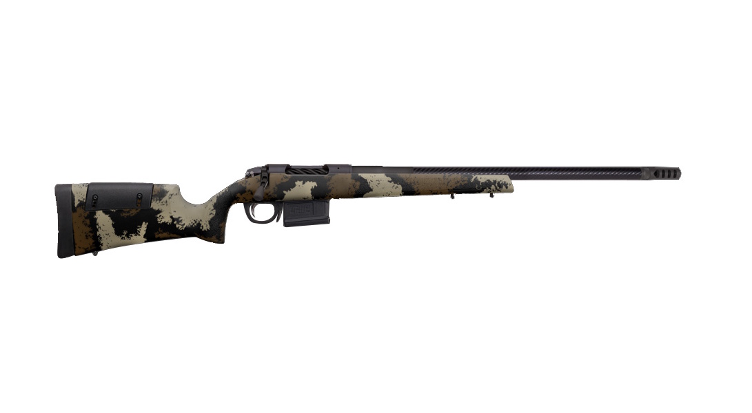 Camouflage bolt-action rifle on white background