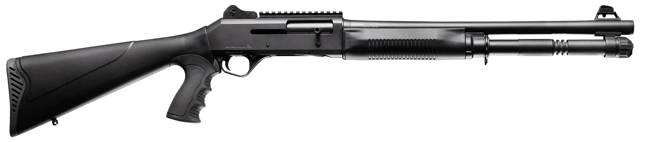 Black pump-action shotgun isolated on white background