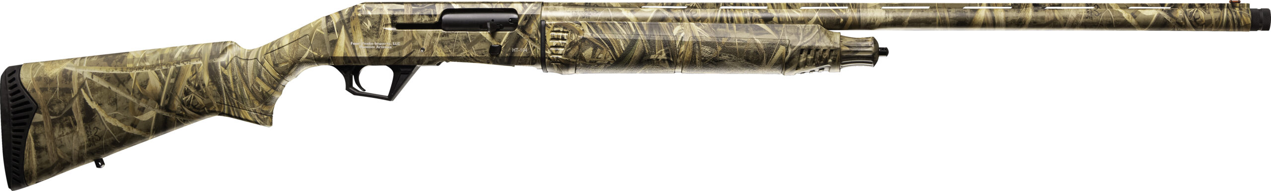 Camouflage pump-action shotgun on white background