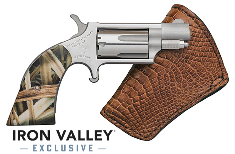 Compact revolver with camo grip and leather holster