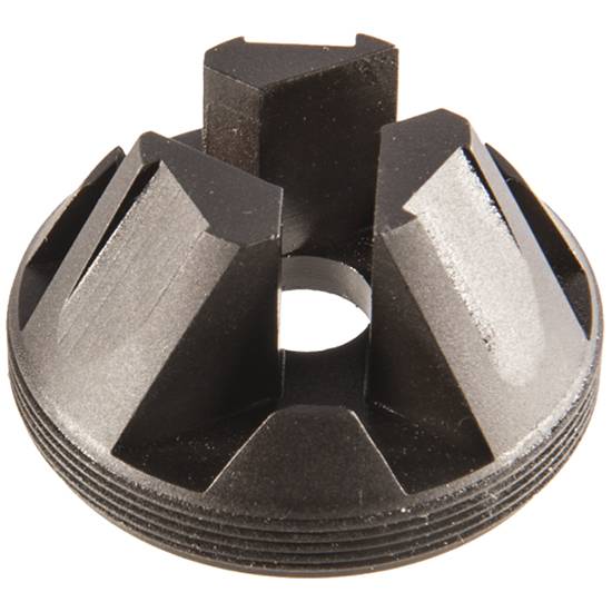 Black threaded metal mechanical component with center hole