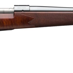Bolt-action rifle with wooden stock on white background