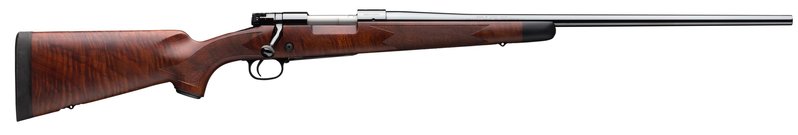 Bolt-action rifle with wooden stock on white background