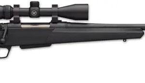 Black bolt-action rifle with mounted scope