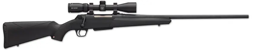 Black bolt-action rifle with mounted scope