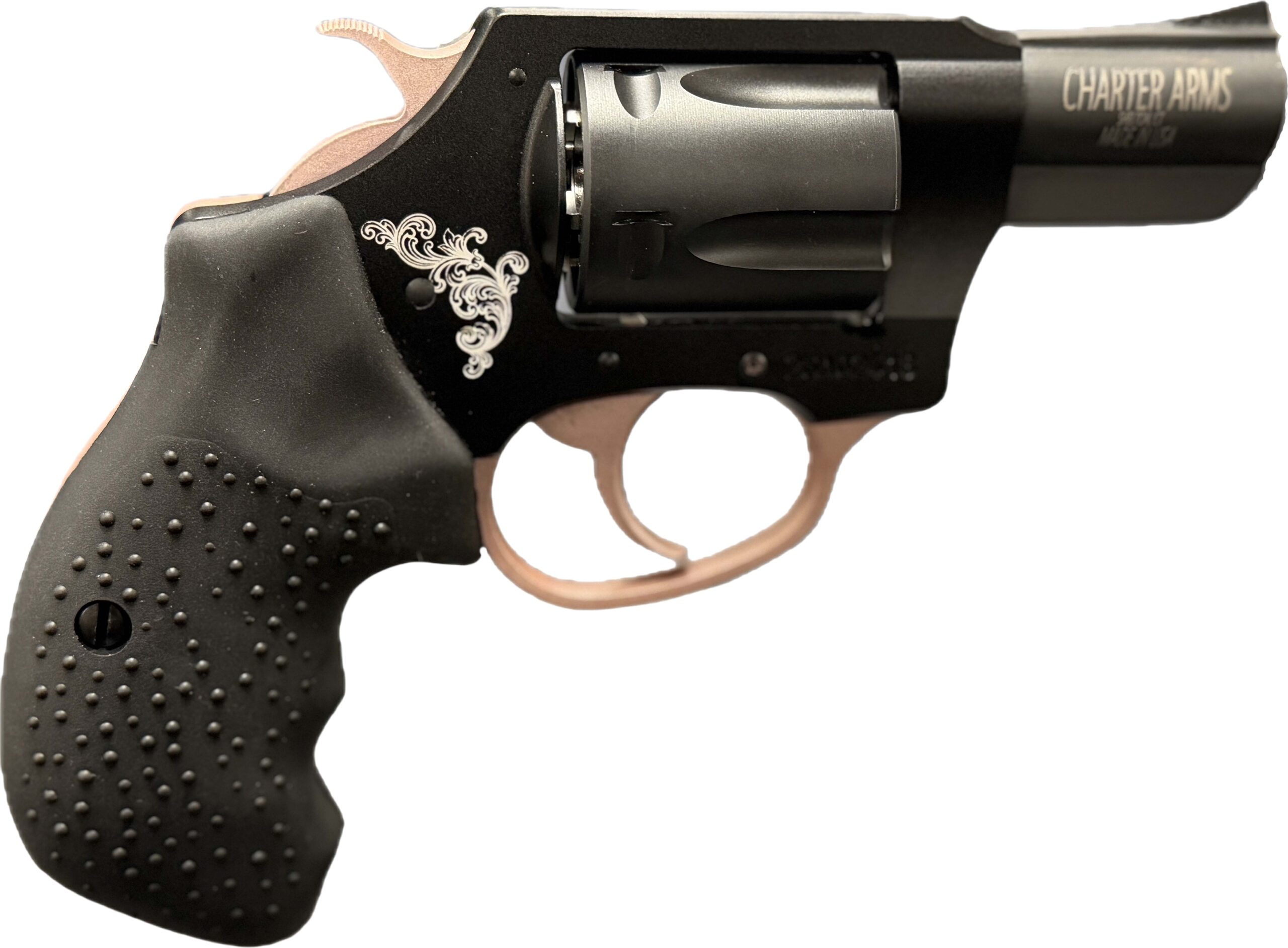 Close-up of black Charter Arms revolver handgun