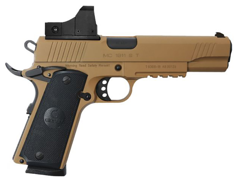 Tan semi-automatic pistol with mounted red dot sight