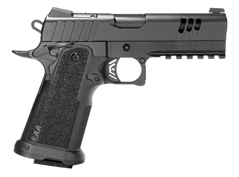 Black semi-automatic pistol isolated on white background