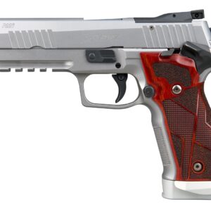 Silver Sig Sauer P226 pistol with wooden grip