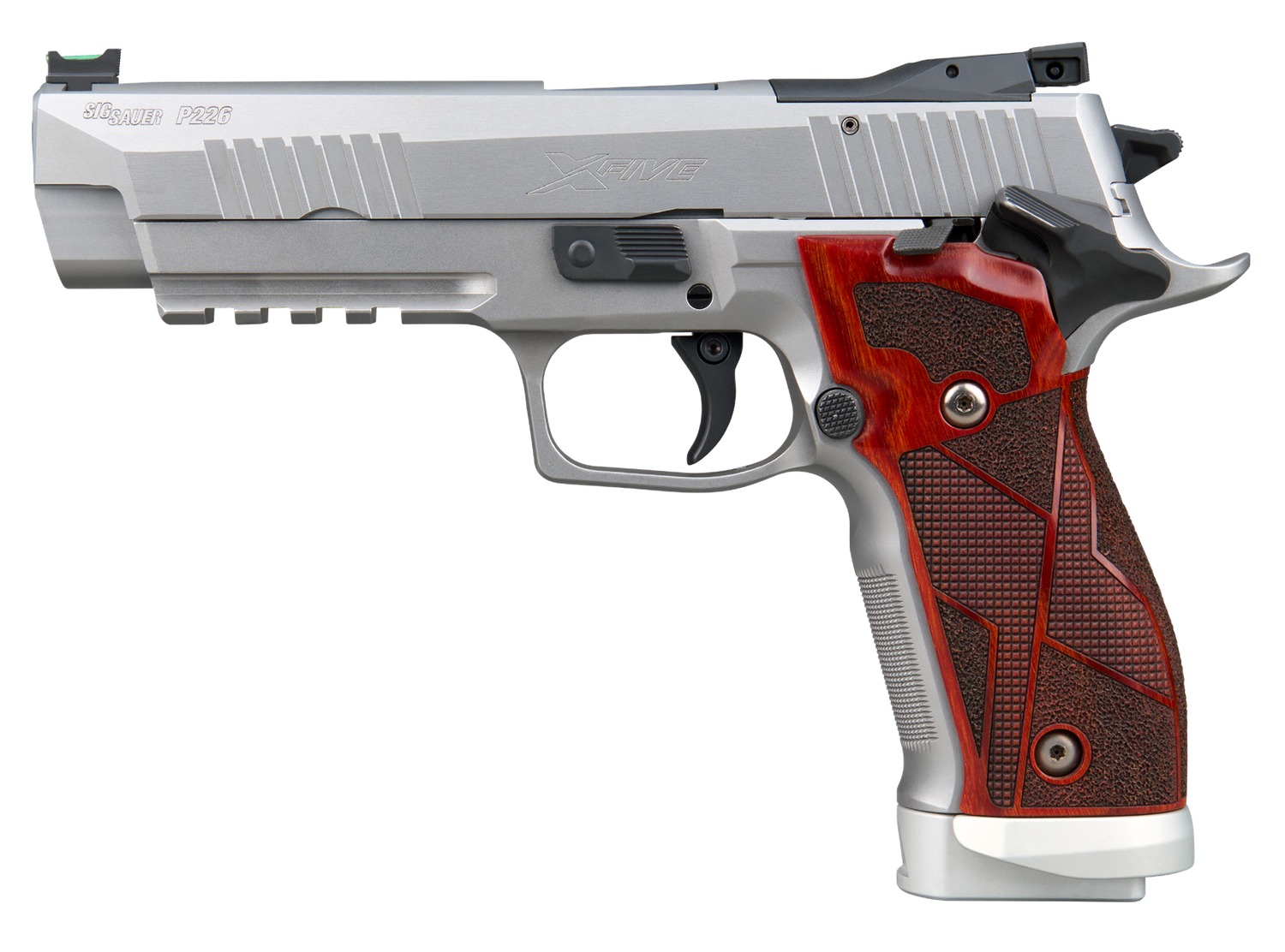 Silver Sig Sauer P226 pistol with wooden grip