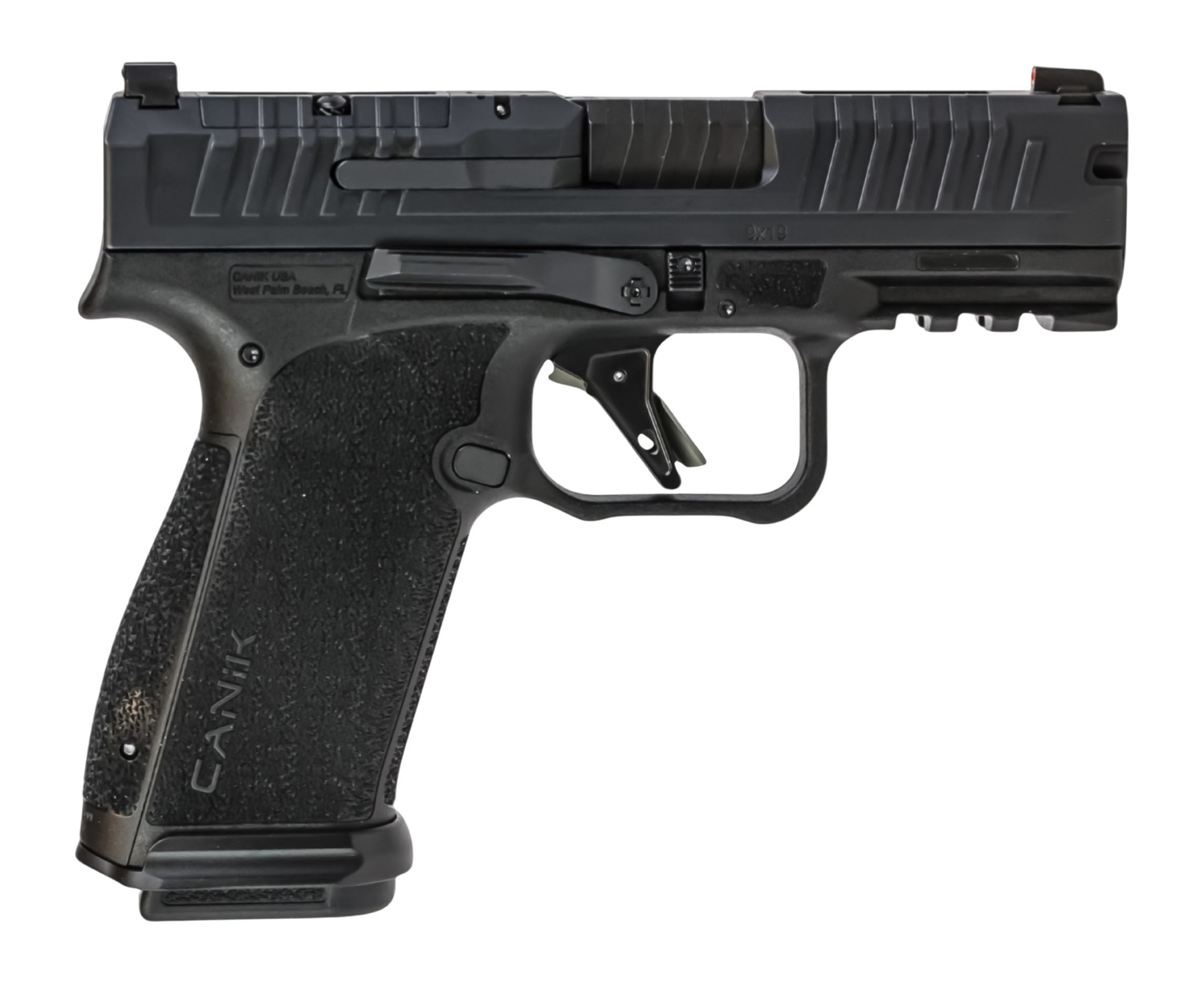 Black Canik 9mm semi-automatic handgun on white background
