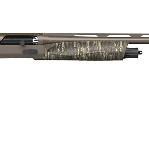 Camouflage pump-action shotgun on white background
